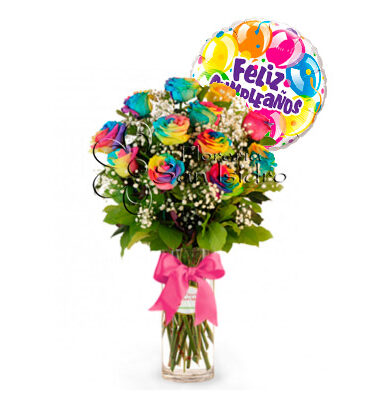 cumpleaños-30-jarron-12-rosas-arcoiris-floreria-san-isidro
